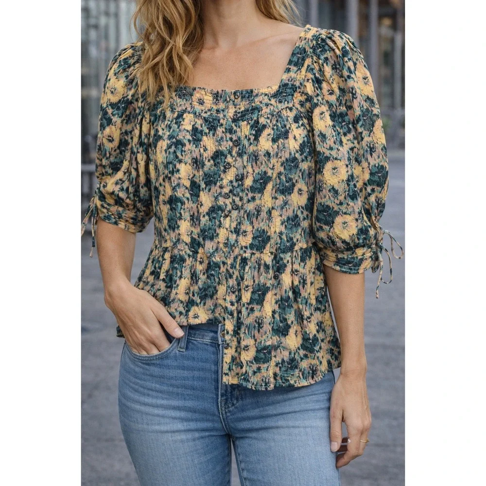 Ulla Johnson Silk Ikat Puff Sleeve Blouse‎ Yellow Teal SS22 Size 0 Feminine